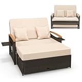 COSTWAY 3 in 1 Garten Doppelliege Tagesbett, Rattan Gartensofa mit 4-stufig Verstellbarer Rückenlehne & Schlaffunktion & Seitenablagen, Gartenmöbel für Pool, Terrassen