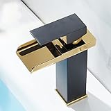 QTYQWC Wasserfall Waschbecken Wasserhahn Eingriff EIN Griff Heißer und kaltes Wasserbecken Wasserhahn mit Wasserfallauslauf weiß und goldfarben hoher Lichtbogen (Schwarz und Gold kurz)