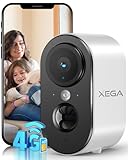 Xega 4G LTE Überwachungskamera Innen mit SIM Karte, 2K Super HD LTE Innen Kamera tragbare, 6000mAh Batterie, PIR Bewegungserkennung, 3MP Farbe Nachtsicht, 2-Wege Audio, Alarm, TF/Cloud, IP65
