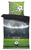 one-home Bettwäsche 135x200 cm Fußball Stadion grün schwarz Jungs Kinder Wende Microfaser