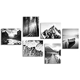 Dazzlewall Schwarz und Weiß Wandbilder Moderne Berg Natur Landschaften Leinwand Bilder für Schlafzimmer Wohnzimmer Deko 20x25 cm Ohne Rahmen 6er Set