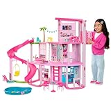 Barbie - Traumvilla, Poolparty Puppenhaus mit mehr als 75 Teilen und Rutsche über 3 Etagen, Haustieraufzug und Spielbereiche für die Welpen, für Kinder ab 3 Jahren, HMX10