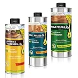 HeliaCARE BIO Holzöl Set - Fine Woodwork, Heavy Duty & Outdoor Öl je 250ml - Premium Holzpflege für Innen & Außen - Hochwertiges Holz Öl - 100% Biologisch abbaubar & Farblos