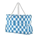 WDdZzyy Blaue Tasche mit europäischem Vichy-Muster, mit Reißverschluss, wasserdicht, sanddicht, mit Seitentaschen, große Damen-Reisetasche für Reisen, Fitnessstudio, Urlaub, europäisches Vichy-Muster,