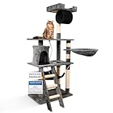 Foxdevil by xonic® Stabiler Kratzbaum für Katzen - Vielseitiger Katzenkratzbaum mit Aussichtsplattform, Hängematte, Kuschelhöhle, Spielkordel, Treppe – 141 cm Hoch – [V1 Grau]