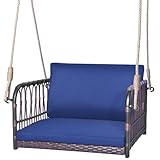 LIFEZEAL Rattan Hängesessel, Schaukel Outdoor mit Kissen & Rückenlehne für Garten, Hängesitz mit Metallrahmen & 2 Seilen zum Aufhängen, Hängekorb Hängestuhl Outdoor & Indoor, Tragkraft 180 kg (Blau)