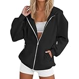 uxxnjfg Kapuzenpullover Damen Reißverschluss Große Größen Sweatshirt Damen Oversized Baumwolle Zipper Basic Hoody Jacke Vintage Herbst Winter Outfit 2025 Mädchen Teenager Trainingsjacke(Schwarz,L)