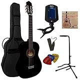 4/4 GITARRE - KONZERTGITARRE IM SET - CLASSIC SCHWARZ - DECKE LINDENHOLZ - TASCHE - BAND - SAITEN - 3xPIK - STIMMGERÄT - GITARRENSTÄNDER - STARTER SET