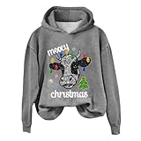 Same Day Lieferung Produkte, Fell Hoodie Weihnachts-Sweatshirt mit Glitzer-Kuh-Aufdruck für Damen lässige Sweatshirts Rundhals-Sweatshirts lustige Weihnachts-Shirt-Geschenke (Grey S),Deals