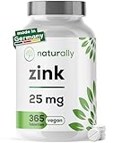 naturally Zink Tabletten [365 Stück Jahresvorrat] 25mg hochdosiert - natürliches Zinc Supplement, Made in Germany, vegan, ohne Zusätze, gegen Akne, Haut, Haare & Nägel