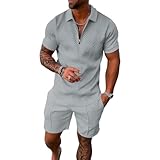 amropi Herren Sportanzug Sommer Trainingsanzug Kurzarm Reißverschluss Top und Shorts Kleidung Set Lichtgrau, L