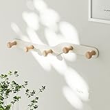 YunNasi Garderobenleiste Wand Hakenleiste Ohne Bohren Kleiderhaken Garderobenhaken Cremefarbende mit 5 Haken aus Holz für Flur Wohnzimmer Schlafzimmer Badezimmer