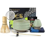 TEANAGOO Matcha Set| Matcha Besen|Matcha Tea Set | Matcha Schale| Matcha Whisk,Schaufel, Sieb, Matcha-Besenhalter, Matcha-Besenständer-7 Stück MatchaTee Sets,N6, Lt.grün mit Schwarzer Naht