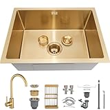 75 x 45 cm, Gold 1 Becken mit Armatur, Edelstahl Küchenspüle, rechteckige Einbauspüle klein, mit Goldener Abtropffläche und Befestigungsmaterial, mit Abtropfkorb, Barspüle