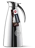 Emsa Eleganza Isolierkanne Edelstahl 1l, Thermoskanne mit Easy Open Verschluss, lange Wärmespeicherung, 12h heiß, 24h kalt, silber, spülmaschinengeeignet, doppelwandig, 502489