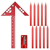 Mittenfinder Zentrierwinkel 100 mm 45° 90° Zentrumsfinder Zimmermannslineal aus Aluminiumlegierung, mit Zimmermannsbleistifte und Bleistiftspitzer, Mess und Anreißwerkzeug (Rot)