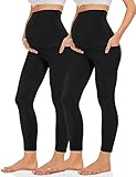 Missluck Umstandsleggings Blickdicht Damen Schwangerschaft Leggings Lang Mammy mit Taschen für Yoga(Schwarz*2,M)