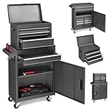 LEADZM Werkstattwagen leer, Werkzeugwagen leer, Werkzeugschrank mit Schloss, Koffer & 4 Fächer & verstellbarem Regal, Kugelgelagerte Schubladen, Metall, 59x28x102cm（Schwarz）