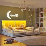 Kinderbett Bodenbett 140x200 mit Rausfallschutz&Lattenrost, Montessori Bett Hausbett mit 4 Staufächer&LED-Beleuchtung&Tür, Doppelbett Gitterbett Metallbett Bettgestell Spielbett, Ohne Matratze, Weiß