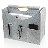 Zeitschriftenständer, Zeitungssammler, faltbarer moderner Filz Aufbewahrungskorb, 3 Staufächer, Massivholzgriff, passender Zeitungskorb für Haus und Wohnzimmer, Größe 38x20x30cm(Asche)