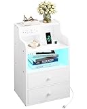 IRONCK Nachttisch LED mit Steckdose und Ladefunktion, Beistelltisch Holz, Nachtschrank mit 2 AC, 1 USB& 1 Type-C Anschlüsse, Sofatisch mit 2 Schubladen, Nachtkästchen Wohnzimmer,Schlafzimmer, Weiß
