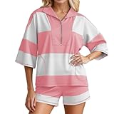 QJDFLL Stylischer Shorts Anzug für den Alltag V Ausschnitt Design mit Streifen Perfekt lässige Sommer Outfits Pflegeleicht Vielseitig einsetzbar Freizeitaktivitäten und Sneaker(Light Rosa,L)