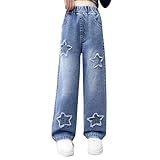 Generisch Jeans Mädchen Baggy Jeans Elastischer High Waist Cargohose Liebesdruck Denim Wide Leg Cargo Pants Hosen Mit Taschen Stretch Vintage Streetwear Y2k Jeans Kinder Jeanshose