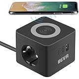 BEVA Steckdosenwürfel Cube mit Wireless Ladefunktion + 1.5M Kabel，2500W/10A Mehrfachsteckdose mit 2 USB C+1 USB-A, Ladewürfel mit Wireless Charger, Handy-Ladegerät für Reise Haushalt Büro, Schwarz