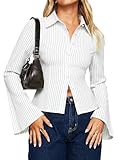 Navneet Bluse Damen Langarm Hemd Gestreift Elegant Hemdbluse Etui Sexy Blusenshirt Langarmshirt Casual Outftit Weiß S