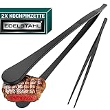 4happy Kochpinzette - 2 Stück Kochpinzette Edelstahl Set, runde Grillpinzette zum Kochen und Braten + spitze Küchenpinzette zum Dekorieren, Pinzette Küche 30 cm, Schwarz