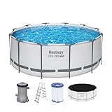 Bestway Steel Pro MAX Frame Pool Komplett-Set mit Filterpumpe Ø 366 x 122 cm, lichtgrau, rund, Grau