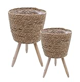 Blumenständer aus Stroh innen mit Folie 2er Set - Ø 26 und 20 cm - Rattan Pflanzenständer mit 3 Holz Beinen - Deko Blumentopf Pflanztopf Korb Topf mit Füßen für Zimmerpflanzen