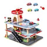 WRQIOO Parkhaus für Kinder, Parkgarage aus Holz, Kinder Parkhaus für Autos Holz, Holzgarage Auto Kinder mit 4 Autos & 1 Hubschrauber, 3-Stöckige Parkgarage mit Aufzug, 3 Verkehrsschilder