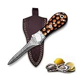 Austernmesser, Austernmesser, Damaststahl, Kamelknochen und Walnussholz, Lederscheide, Meeresfrüchteöffner-Set, Werkzeug, rutschfester Griff (Harzgriff)