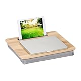 Relaxdays Laptopkissen mit Handyhalter, BxT: 46 x 35 cm, Laptopunterlage für Bett & Sofa, Laptop Knietablett, Natur/grau