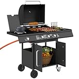Outsunny Gasgrill 12,2 KW 3+1 Brenner BBQ Grillwagen aus Edelstahl inkl Rolle Seitenbrenner Thermometer Grillrost Kochfeld Seitentisch Gas-Grill für Balkon Camping 118,5 x 56 x 110 cm