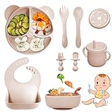 Bizcasa 9 Stück Silikon Baby Geschirrset, Rutschfest Kindergeschirr Set, Kindergeschirr mit Saugnapf, Rutschfest Baby Schüssel,Baby-Teller, Baby-Besteckset für Kleinkinder, BPA Frei (Beige)