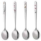 Shimmerz Blumenmuster Suppenlöffel, 18 8 Edelstahl Langer Griff 20 cm Esslöffel, Asiatische Metall Esstischlöffel, Set von 4