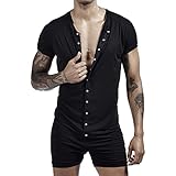 Crongless Herren Kurzarm Strampler Overall Henley Jumpsuit Super Bequemer Stretch-Baumwoll-Strampler mit Knöpfen Männer Schwarz (L)