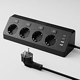 ONLYWIN Ecksteckdose mit 2 USB und 2 Type-C, 16A/3840W Steckdosenleiste Wandmontage mit 2M Kabel, Schreibtisch Steckdose, 4 Fach Mehrfachsteckdose mit USB für Büro, Küche & Wohnzimmer, Schwarz