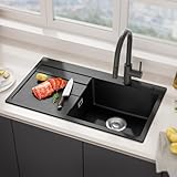 CECIPA Spülbecken Schwarz 78 x 45 cm, Spüle Küche aus Granit mit Abtropffläche, Küchenspüle für 45 cm breite Unterschränke, Waschbecken Küche Einbauspüle inkl. Siphon sowie Ab- und Überlaufgarnitur