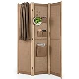 COSTWAY Paravent 170 x 121cm, Raumteiler mit 2 Haken, 1 große & 3 kleine Aufbewahrungstaschen, 3 teilige Trennwand klappbar, Leinen Optik, Holzrahmen, Sichtschutz für innen