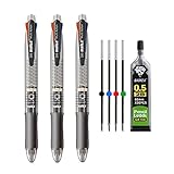 MROOFUL 5 in 1 Mittlere Spitze 1,0 mm Mehrfarbig Kugelschreiber 0,5 mm Druckbleistift 4 Farben Multifunktionsstift Multipack 3 Stück Druckkugelschreiber (Grau)