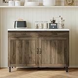 Caldion Küchenschrank,Sideboard mit 2 Türen und 2 Schubladen,Buffetkommode mit Marmorverkleidung,Buffetschrank mit 4 Einlegeboden,für Küchen,Esszimer,Marmor + Dunkelbraun,120x60x85cm