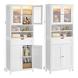 VASAGLE Badezimmerschrank mit LED-Beleuchtung, Badschrank, Aufbewahrungsschrank mit verstellbaren Ablagen, Schublade, offenen Fächern, für Badezimmer, Wohnzimmer, Esszimmer, wolkenweiß BBC767W03