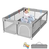 Laufstall Baby, 127x127cm, Laufgitter Baby mit Atmungsaktivem Netz, Baby Laufstall mit Saugnäpfen, Große Sicherheitsspielplatz mit 4 Trainingsschlaufen