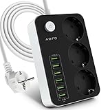 AOFO Steckdosenleiste Steckdosenadapter 3 Fach schaltbare mit 6 USB (5V/3.4 A, 17W),Schaltbare Mehrfachsteckdose Kinderschutz .Adapterstecker mit Spannungsschutz 2M Kabel