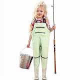 JONRRYIN Kinderwathose, Jugendliche Kinder Brust Wathose, Wathose Anglerhose kinder mit Brusttasche und Verstellbarer Riemen, Kinder Angeln Wathose Stiefel Wasserdichte Rutschfest (Grün, 30)