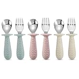 PandaEar 6 Stück Kinderbesteck| Silikongriff Edelstahl Kindergeschirr Set | Baby Besteck Esslernbesteck ab 1 jahr | Kinder Löffel und Gabel Set für Baby Kleinkind (Blau Rosa Weiß)