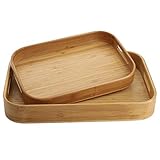 Dicunoy 2er Set Bambus Serviertablett,Massivholz Frühstückstablett mit Griffen,Große Bambus Essen Tablett Ideal für Abendessen, Tee, Kaffee, Bar, Partys (40 x 28 x 5 cm,33 x 22 x 4 cm)